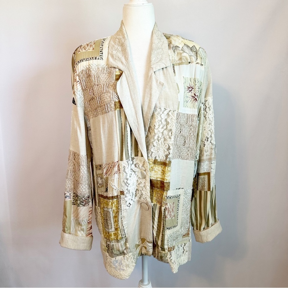 Vintage Surya Beaded Lace Crochet Floral Patchwork Jacket Large Art to Wear
